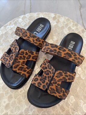 BIBI LOU/Anthropologie Leopard Print Slide Sandals, Brown/Black Size US 8
